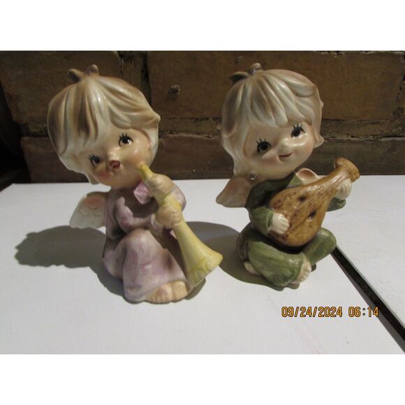 VINTAGE HOMCO FAIRY PIXIES PLAYING INSTRUMENTS SET OF 2 ANGELS - Picture 1 of 5